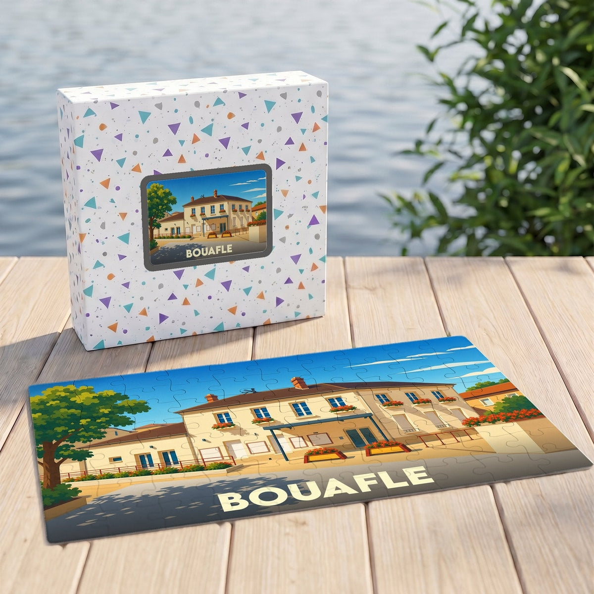 Puzzle souvenir de la ville de Bouafle avec une illustration stylisée d'un bâtiment typique.