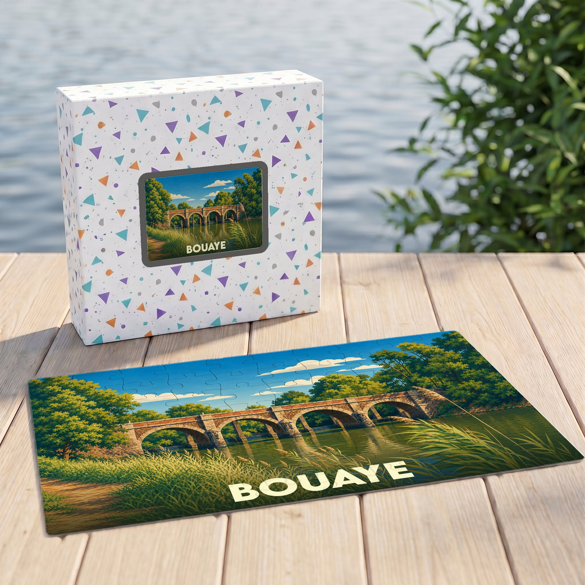 Puzzle souvenir de la ville de Bouaye illustrant un pont de pierre traversant une rivière calme.