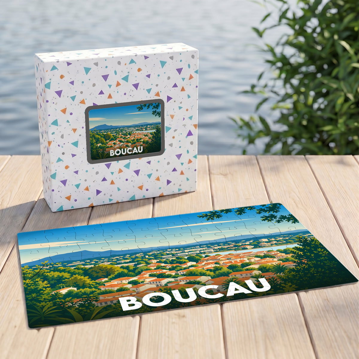 Puzzle souvenir de la ville de Boucau avec une illustration panoramique stylisée.
