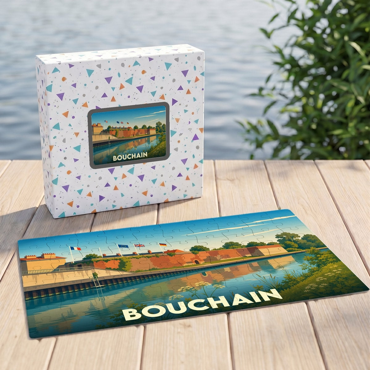 Puzzle souvenir de la ville de Bouchain avec une illustration stylisée des remparts au bord de l'eau.