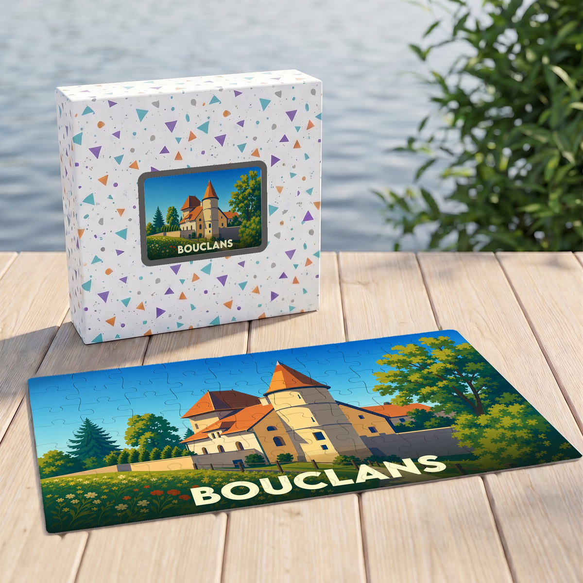 Puzzle souvenir de la ville de Bouclans avec une illustration stylisée de son château présentée à côté de sa boîte.