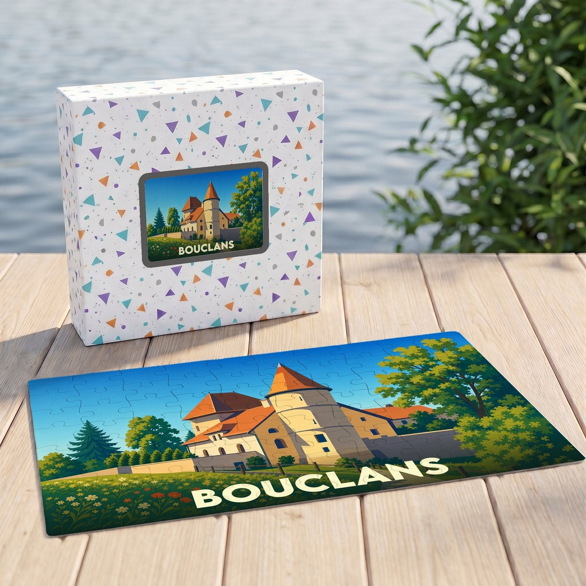 Puzzle souvenir de la ville de Bouclans avec une illustration stylisée de son château présentée à côté de sa boîte.