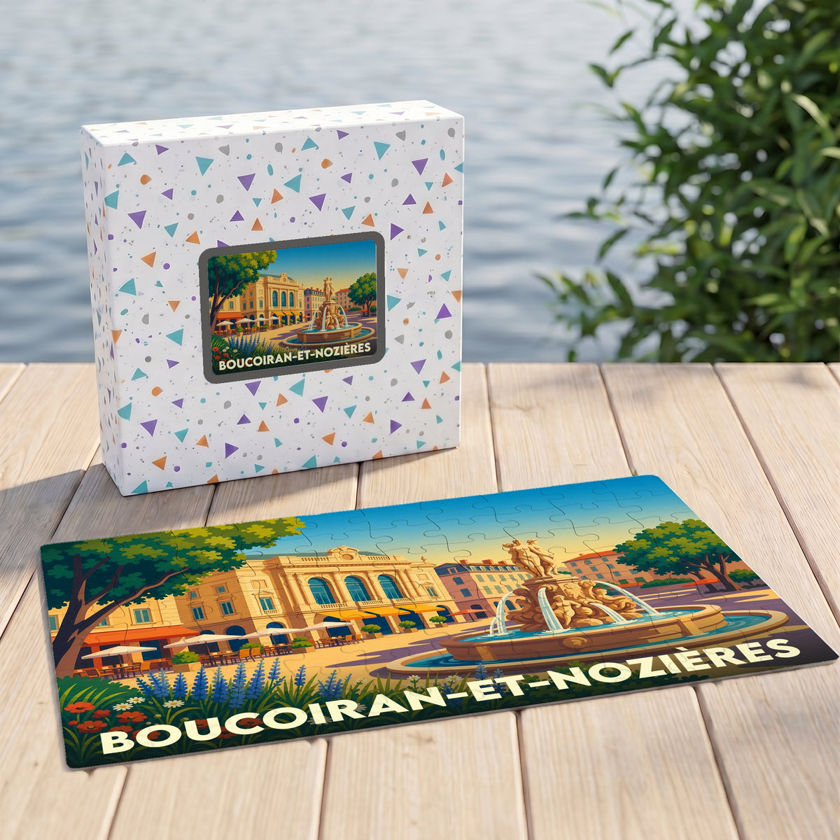 Puzzle souvenir de la ville de Boucoiran-et-Nozières avec une illustration stylisée d'une place ensoleillée.