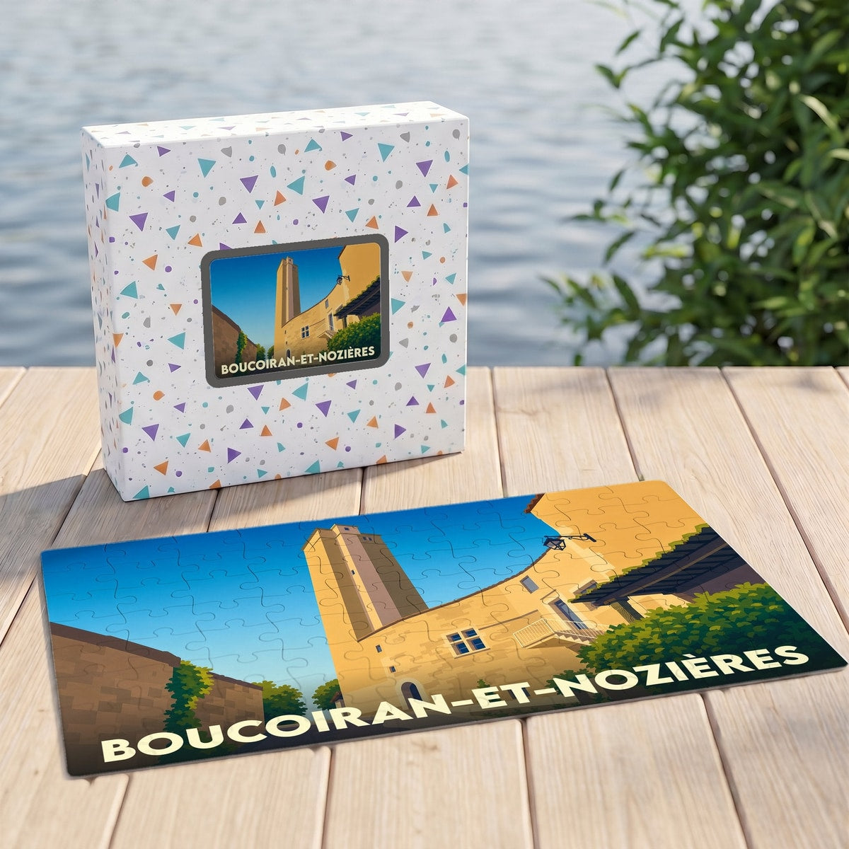Puzzle souvenir de la ville de Boucoiran-et-Nozières avec une illustration stylisée de sa tour médiévale.