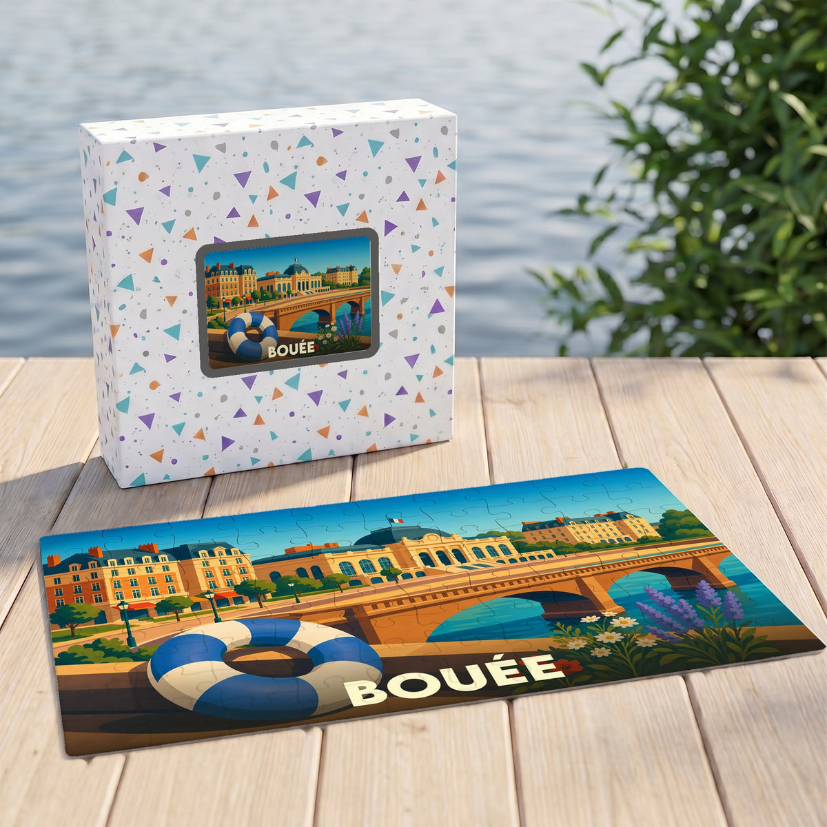 Puzzle souvenir de la ville de Bouée avec une illustration stylisée d'un pont et d'une bouée.