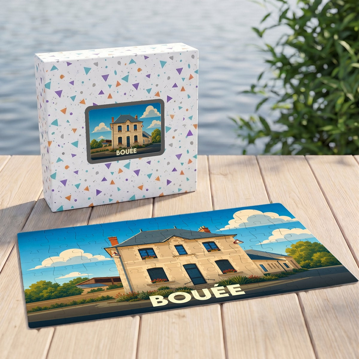 Puzzle souvenir de la ville de Bouée avec une illustration stylisée d'une maison traditionnelle.
