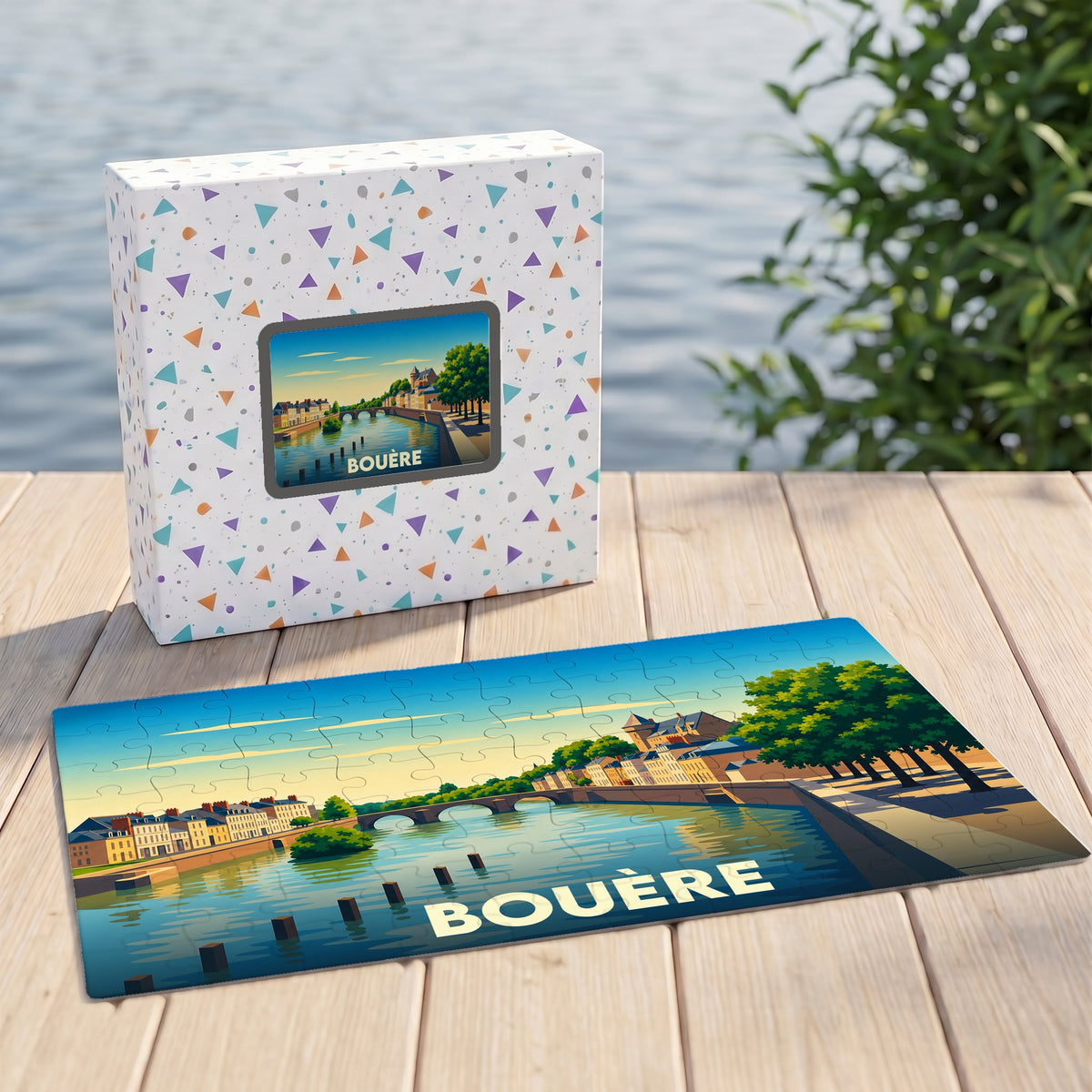 Puzzle souvenir de la ville de Bouère illustré par un paysage de bord de rivière stylisé.