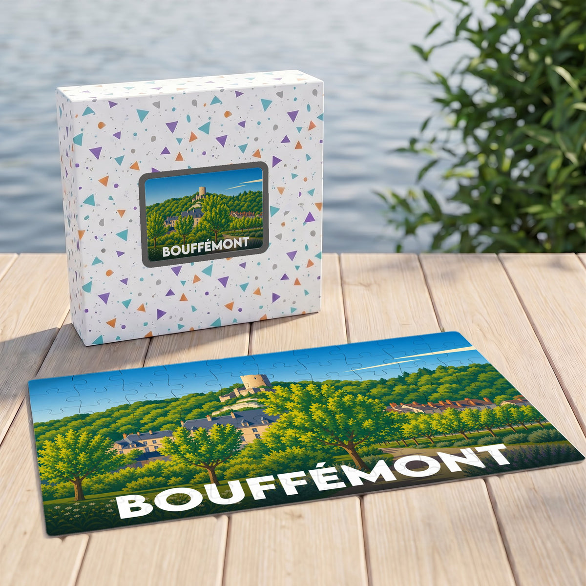 Puzzle souvenir de la ville de Bouffémont avec une illustration stylisée d'un château en forêt.