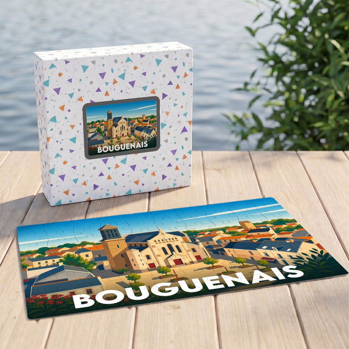 Puzzle souvenir de la ville de Bouguenais avec une illustration stylisée et colorée de son centre-ville.