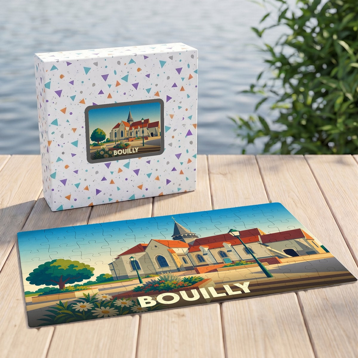 Puzzle souvenir de la ville de Bouilly avec une illustration stylisée de son église.