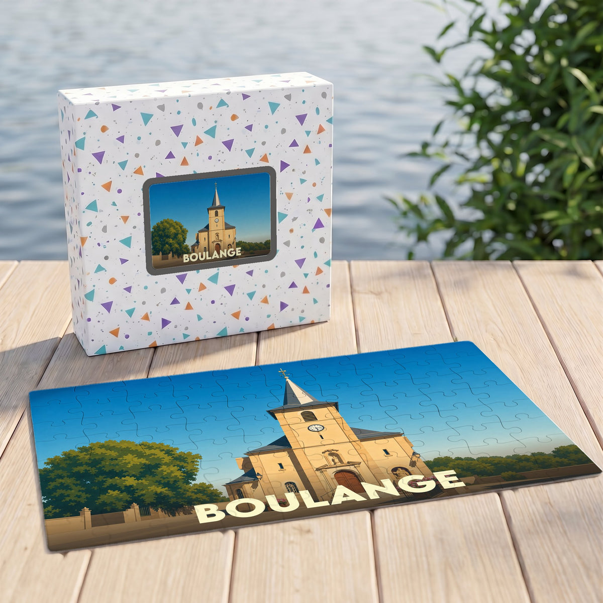 Puzzle souvenir de la ville de Boulange avec une illustration stylisée de son église.