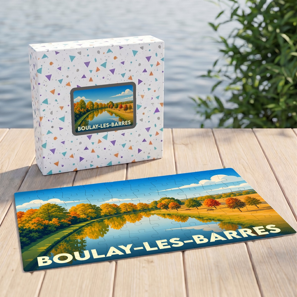 Puzzle souvenir de la ville de Boulay-les-Barres illustrant un paysage automnal au bord de l'eau.