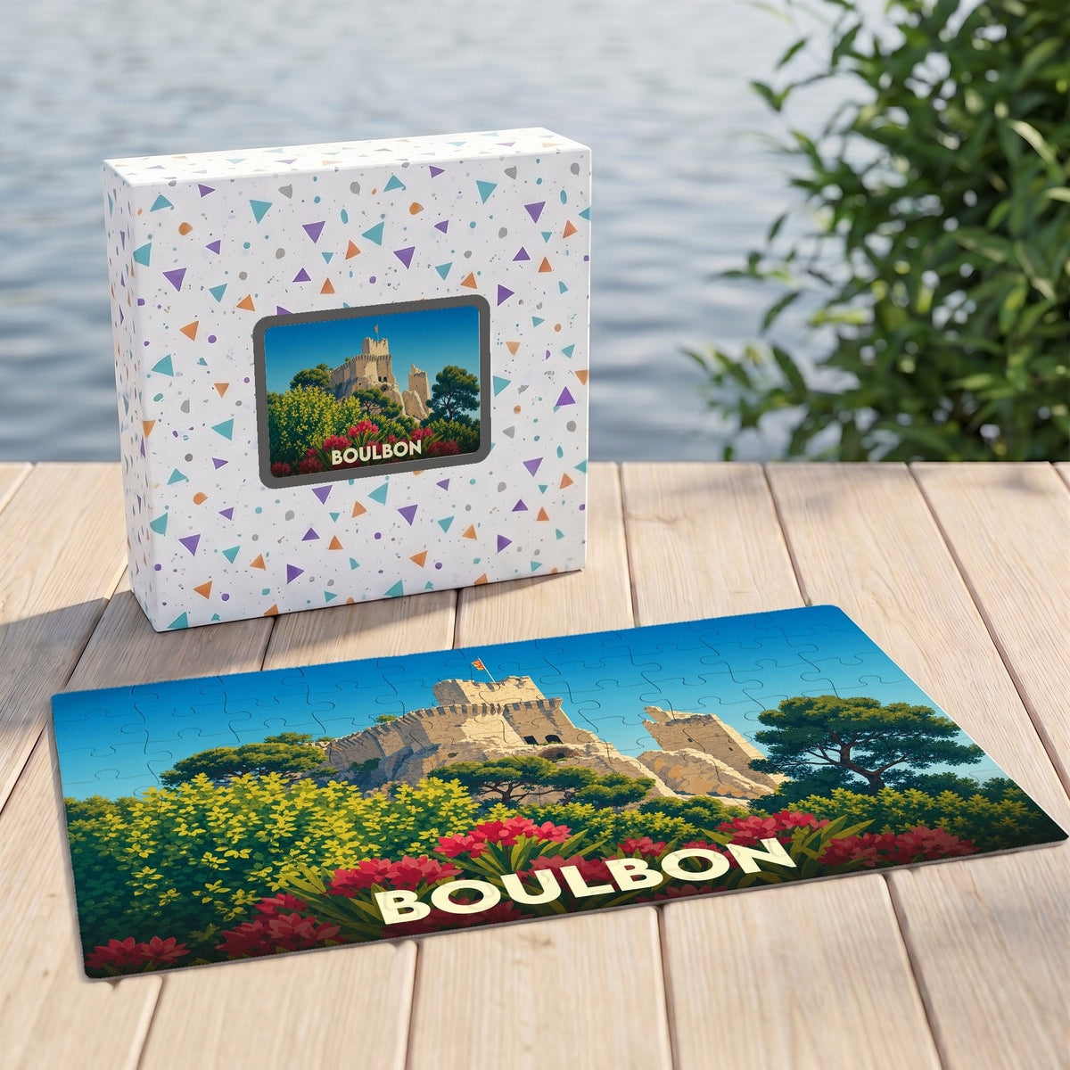 Puzzle souvenir de la ville de Boulbon avec une illustration stylisée de son château.