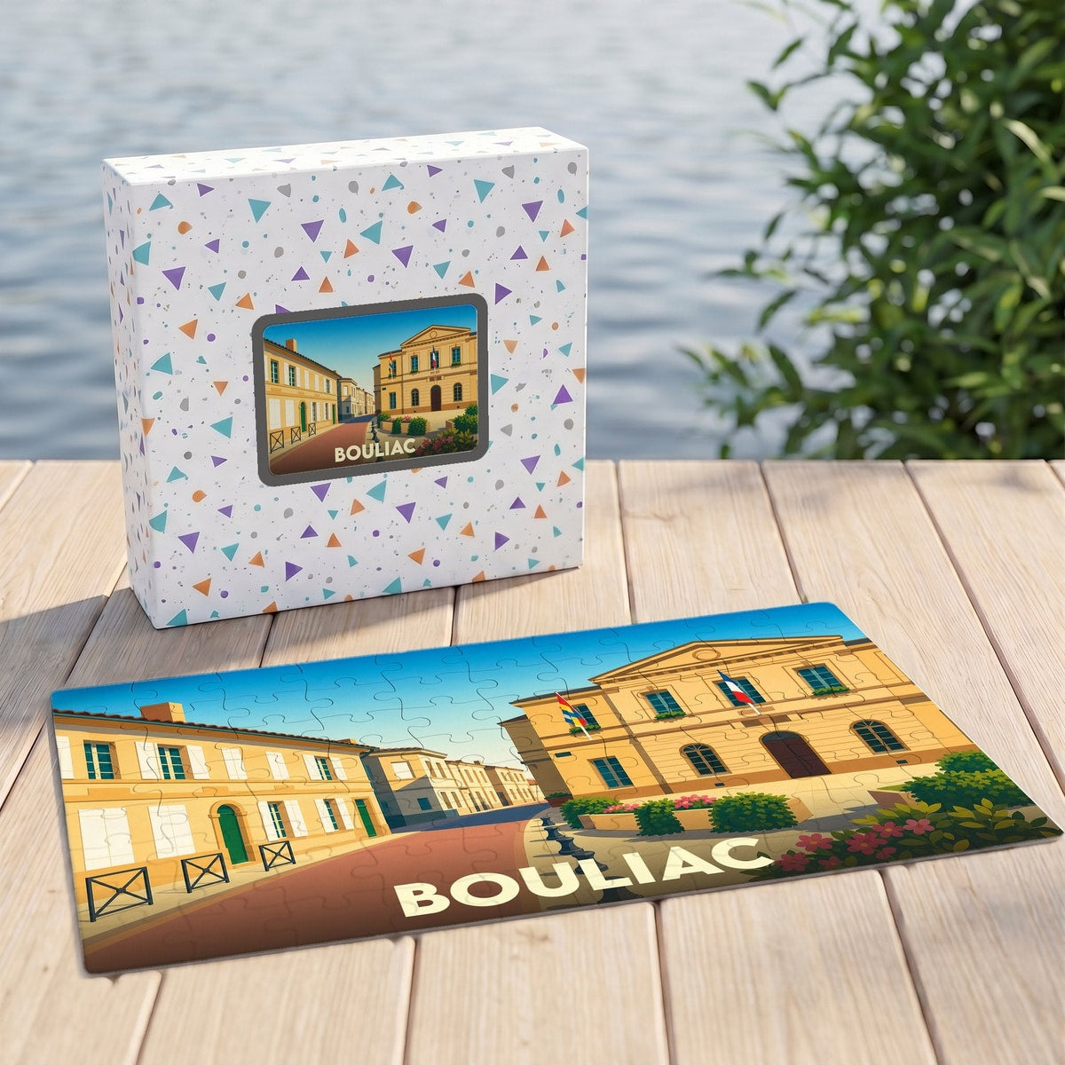 Puzzle souvenir de la ville de Bouliac avec une illustration stylisée et sa boîte assortie.