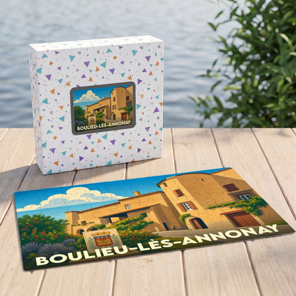 Puzzle souvenir de la ville de Boulieu-lès-Annonay avec une illustration stylisée de ses bâtiments historiques.