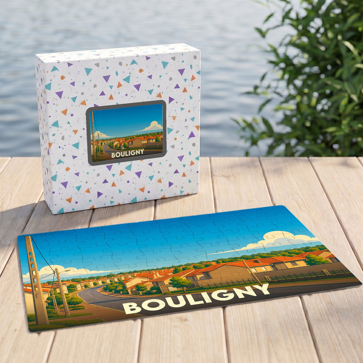 Puzzle souvenir de la ville de Bouligny avec une illustration stylisée de ses maisons et paysages.