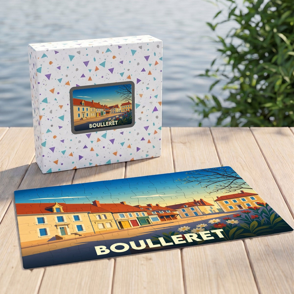 Puzzle souvenir de la ville de Boulleret avec une illustration stylisée et colorée.