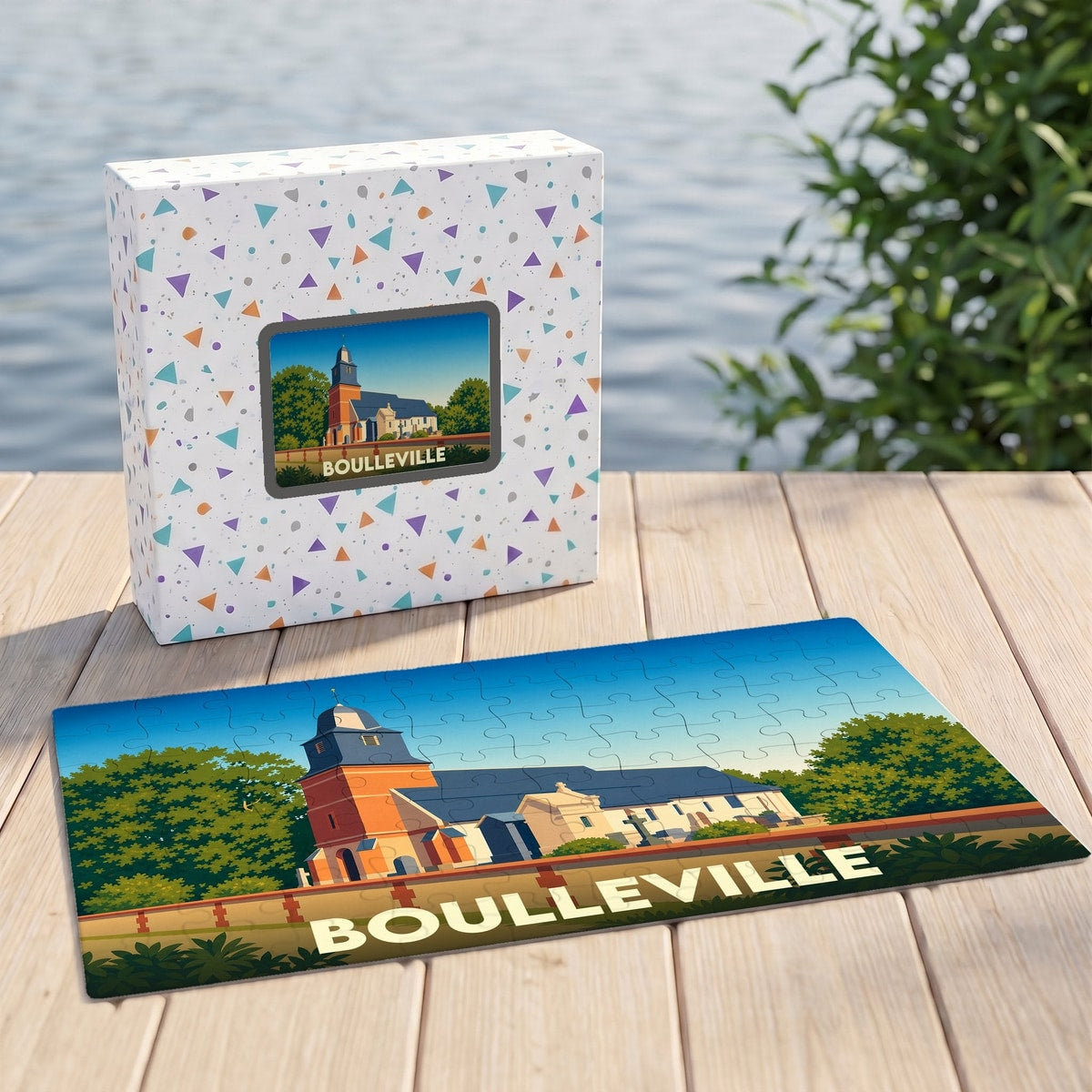 Puzzle souvenir de la ville de Boulleville avec une illustration stylisée de son église.