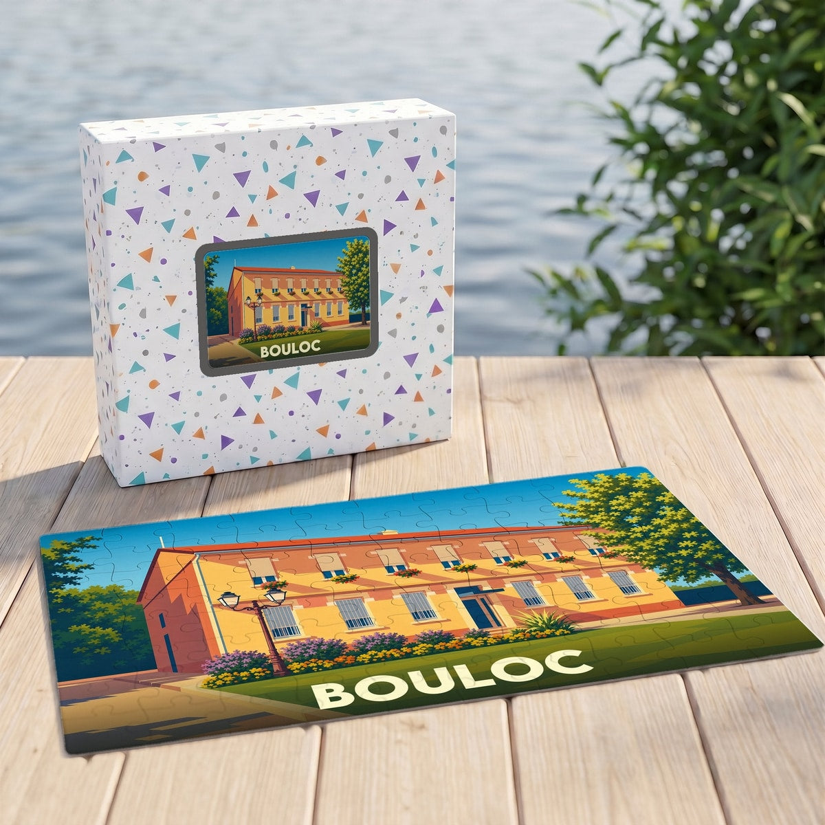 Puzzle souvenir de la ville de Bouloc avec une illustration stylisée d'un bâtiment coloré.