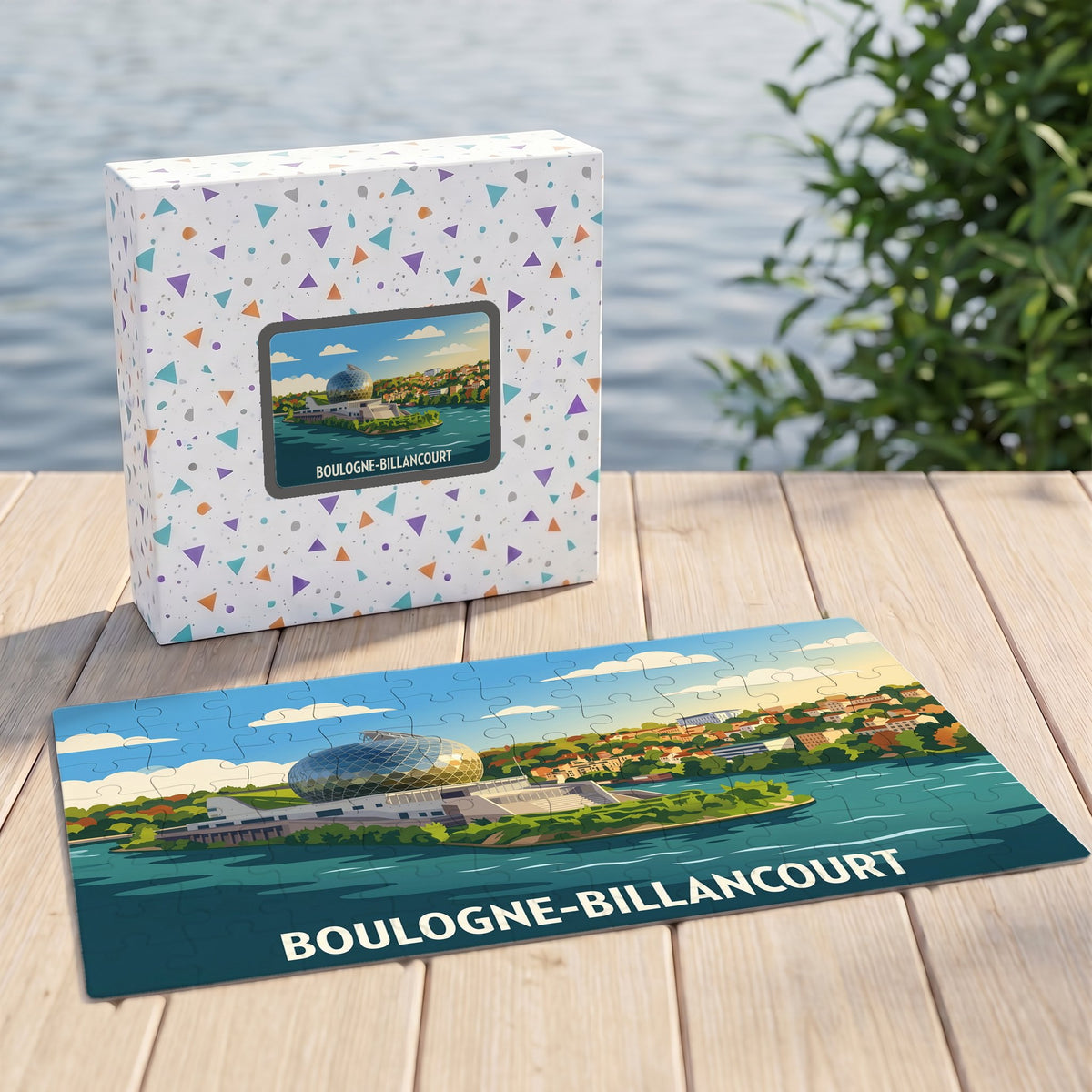 Puzzle souvenir de la ville de Boulogne-Billancourt avec une illustration stylisée de la Seine Musicale.