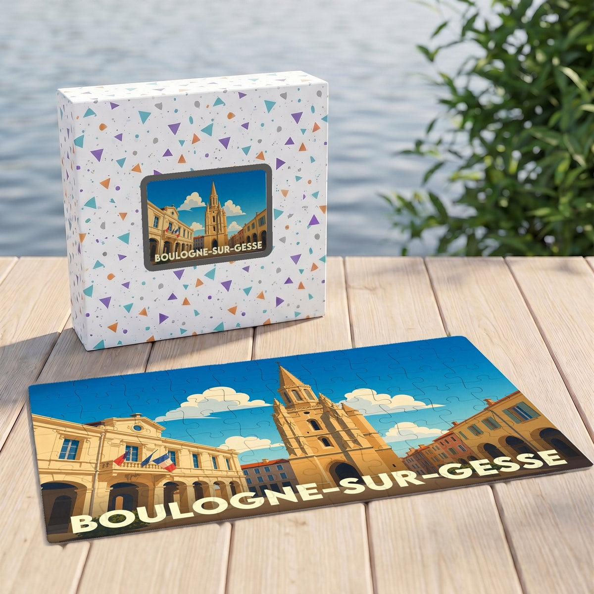 Puzzle souvenir de la ville de Boulogne-sur-Gesse avec une illustration stylisée et colorée.