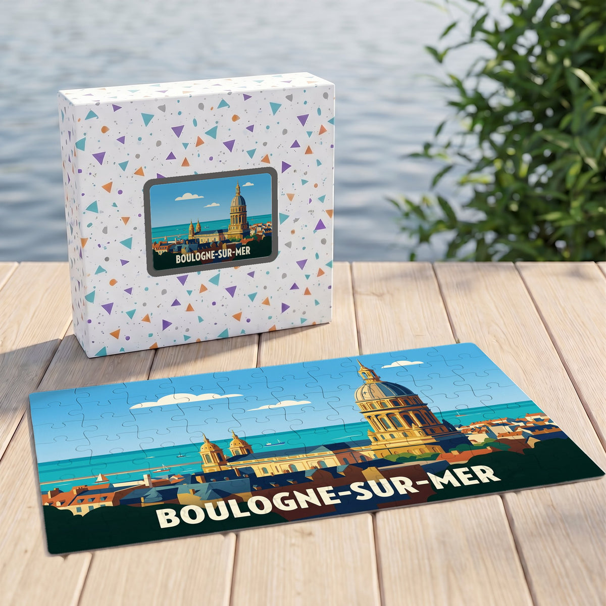 Puzzle souvenir de la ville de Boulogne-sur-Mer avec une illustration stylisée et sa boîte assortie.