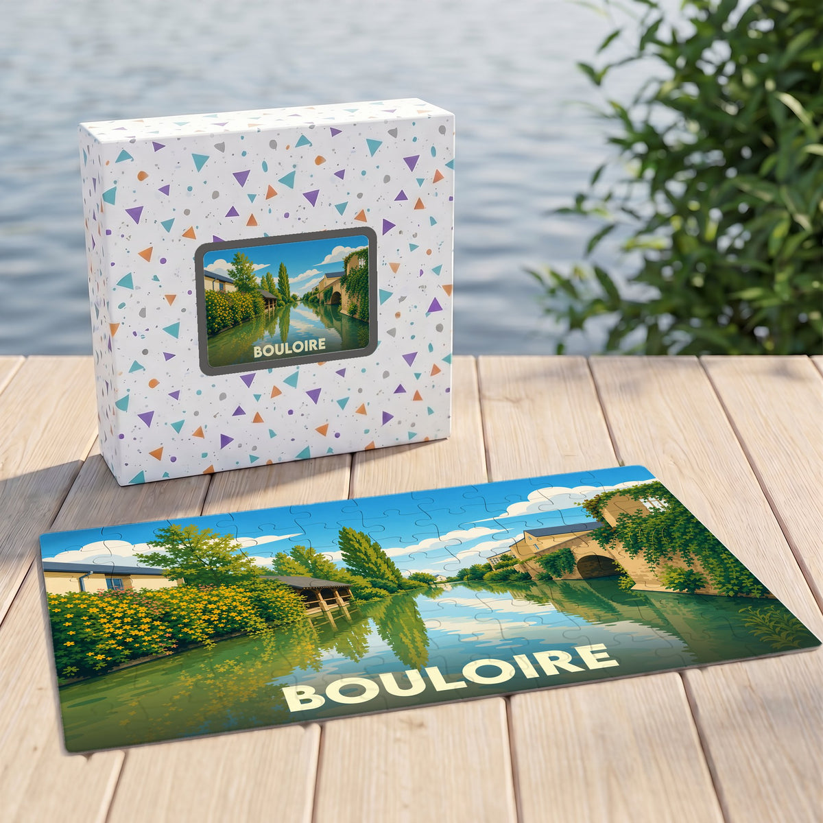 Puzzle souvenir de la ville de Bouloire avec une illustration stylisée de son paysage fluvial.
