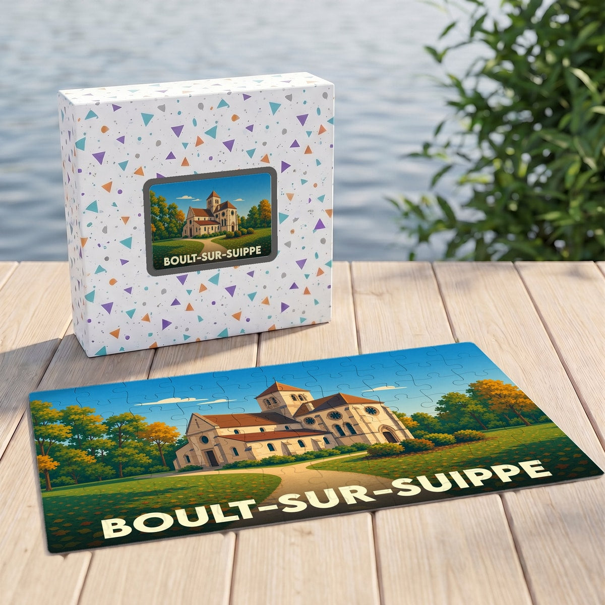 Puzzle souvenir de la ville de Boult-sur-Suippe représentant une église avec une illustration colorée et stylisée.
