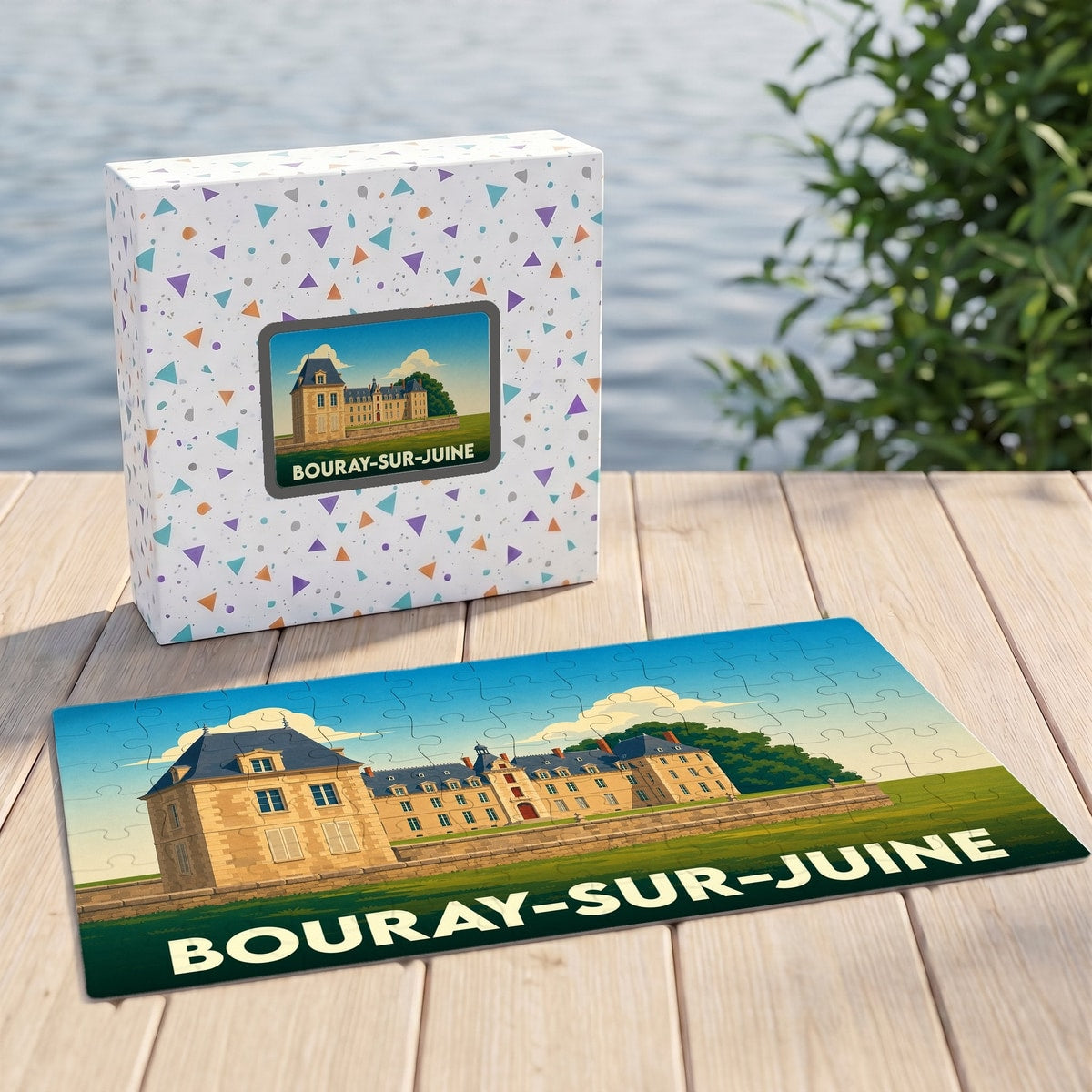 Puzzle souvenir de la ville de Bouray-sur-Juine avec une illustration stylisée de son château.