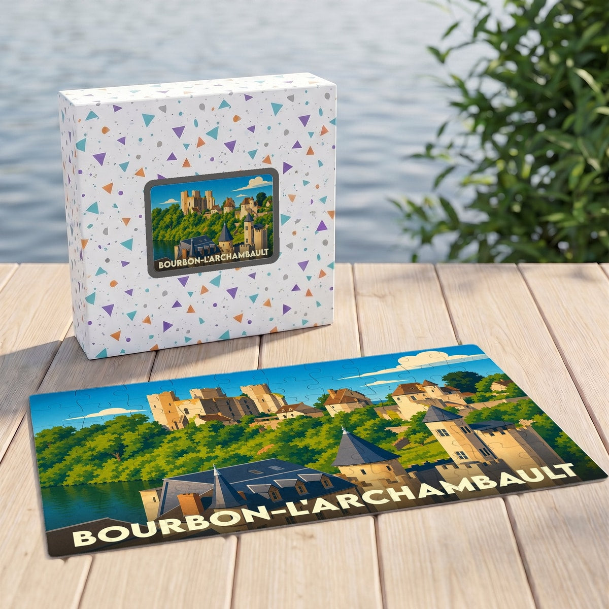 Puzzle souvenir de la ville de Bourbon-l'Archambault avec une illustration stylisée de son château et de ses toits.