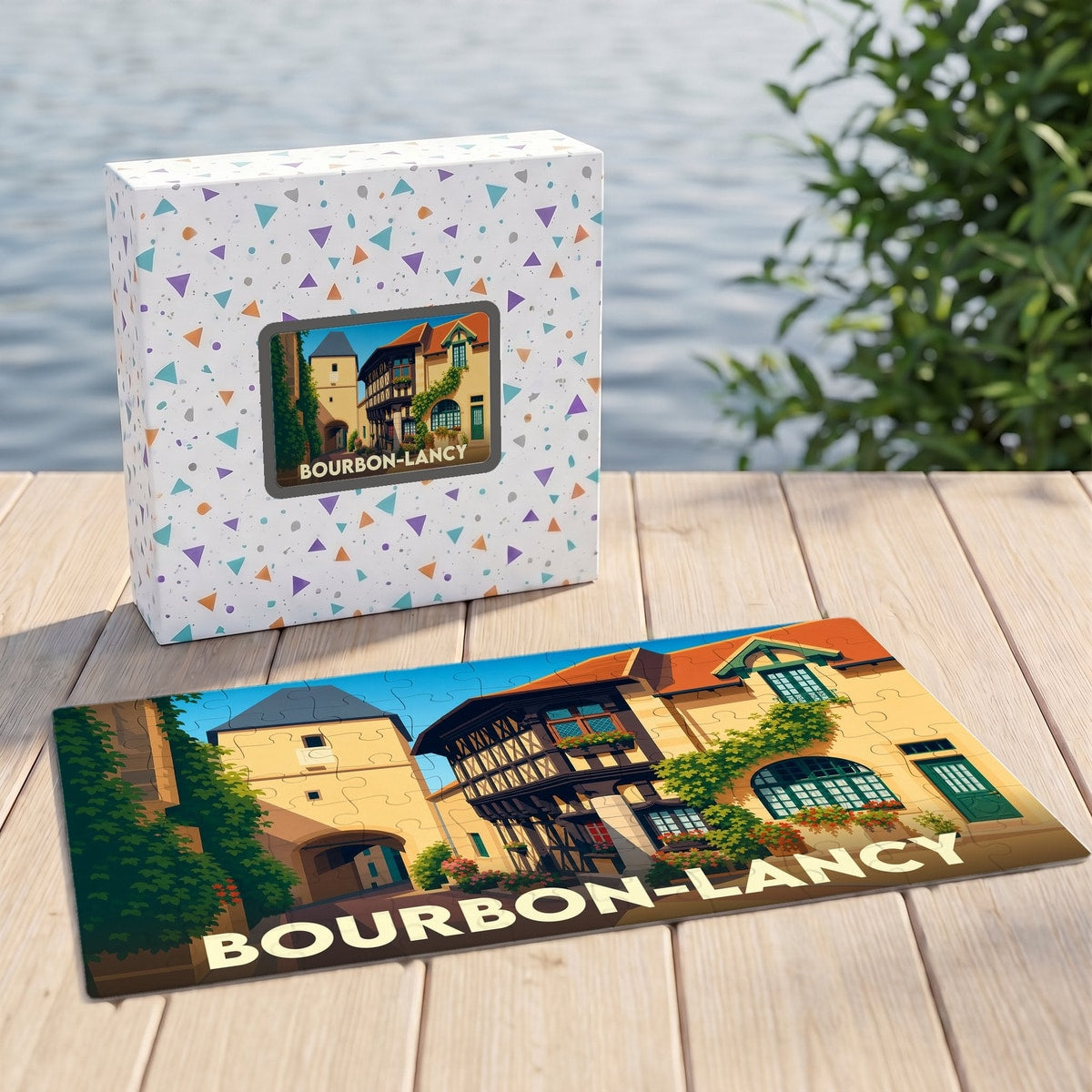 Puzzle souvenir de la ville de Bourbon-Lancy avec une illustration stylisée et sa boîte assortie.