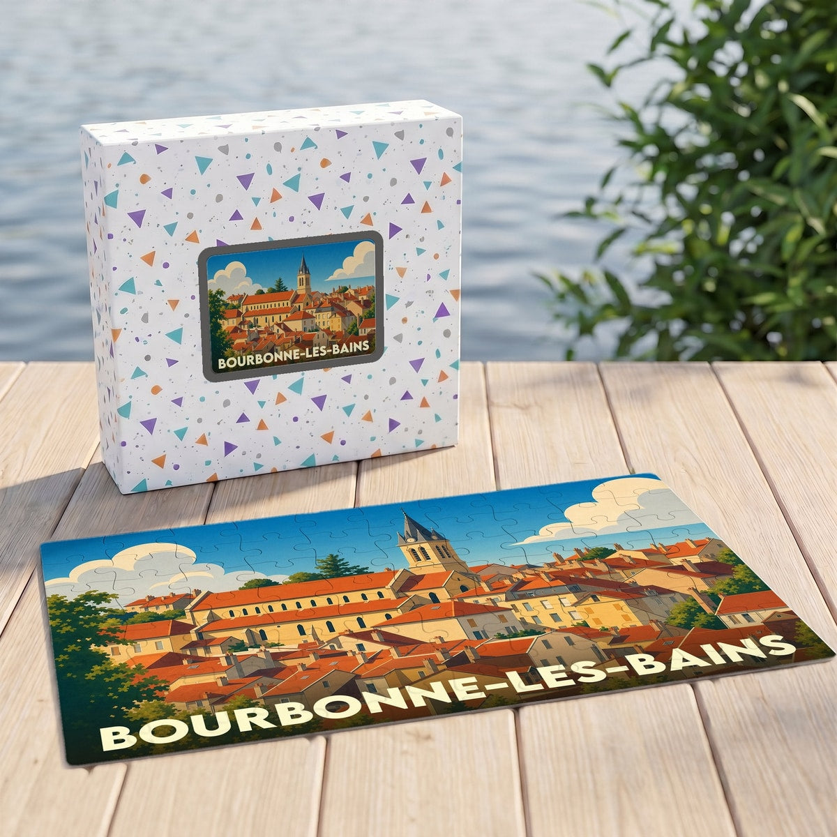 Puzzle souvenir de la ville de Bourbonne-les-Bains avec une illustration stylisée et colorée.