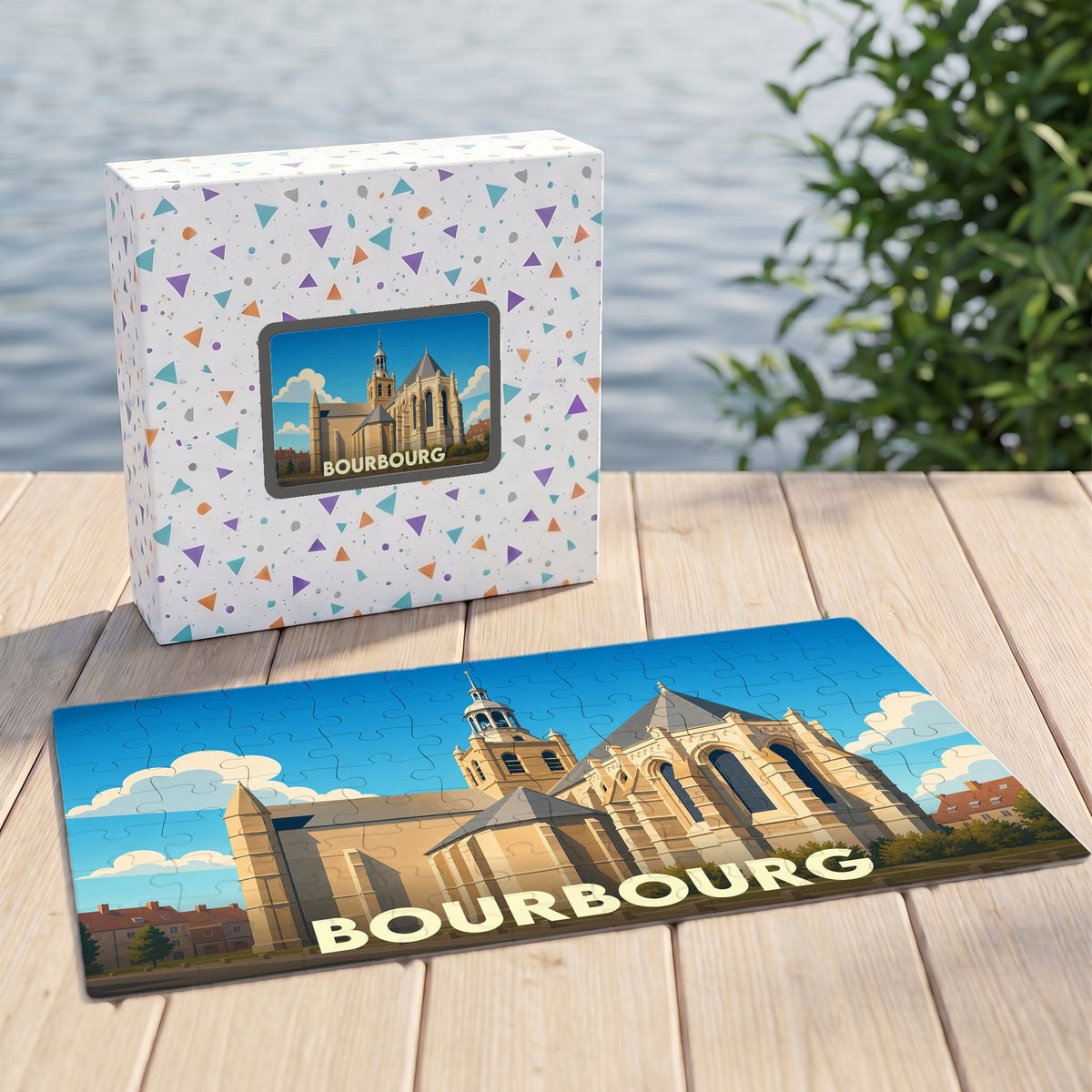 Puzzle souvenir de la ville de Bourbourg avec une illustration stylisée de son église.