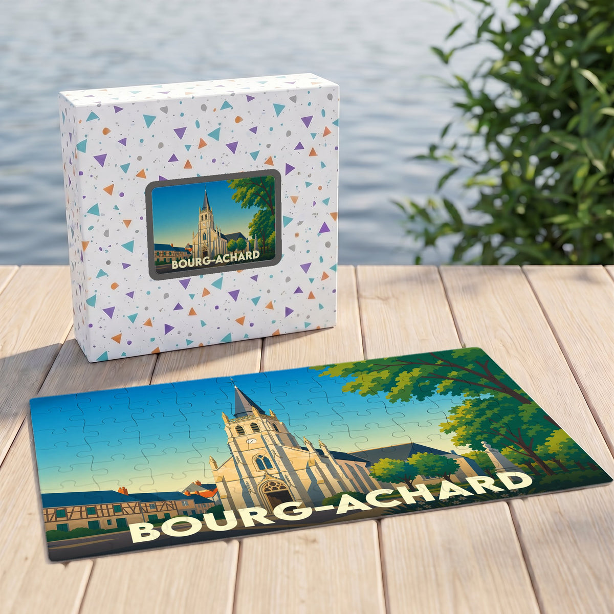 Puzzle souvenir de la ville de Bourg-Achard illustrant son église dans un style graphique épuré.