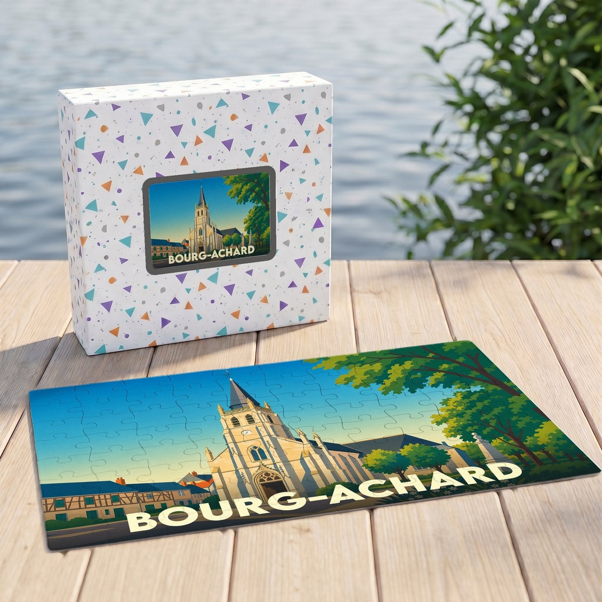 Puzzle souvenir de la ville de Bourg-Achard illustrant son église dans un style graphique épuré.
