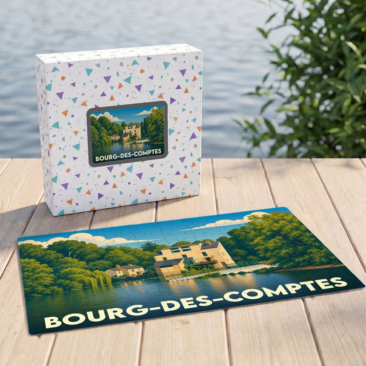 Puzzle souvenir de la ville de Bourg-des-Comptes avec une illustration stylisée d'un paysage fluvial.