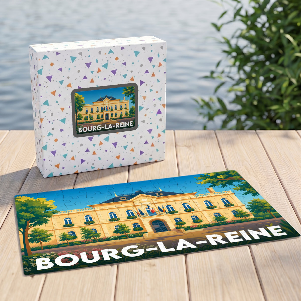 Puzzle souvenir de la ville de Bourg-la-Reine avec une illustration stylisée de l'hôtel de ville.