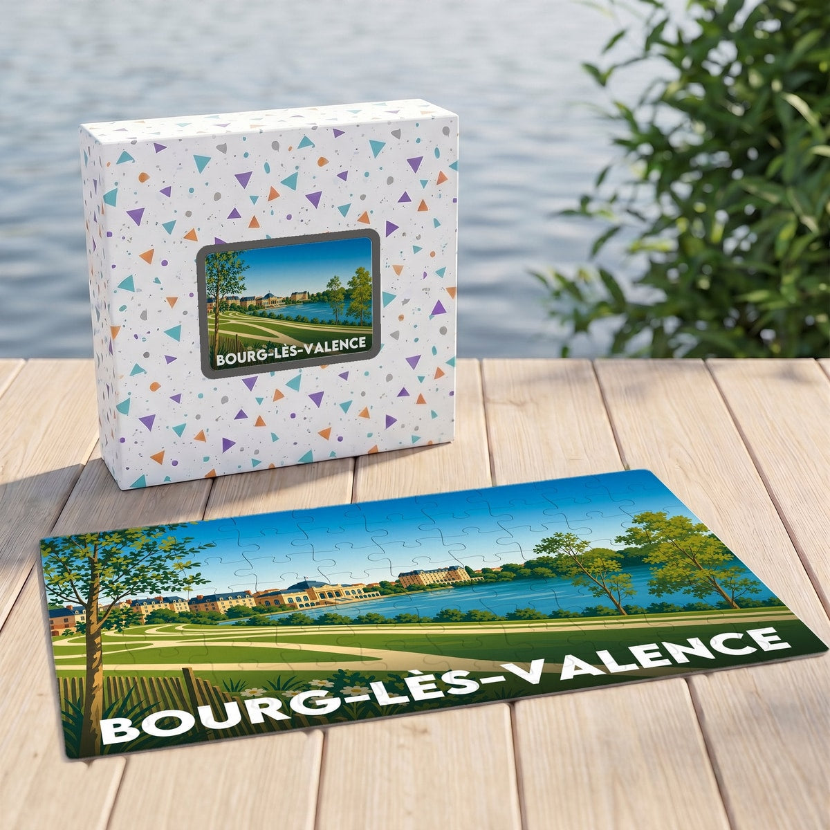 Puzzle souvenir de la ville de Bourg-lès-Valence avec une illustration stylisée et colorée.