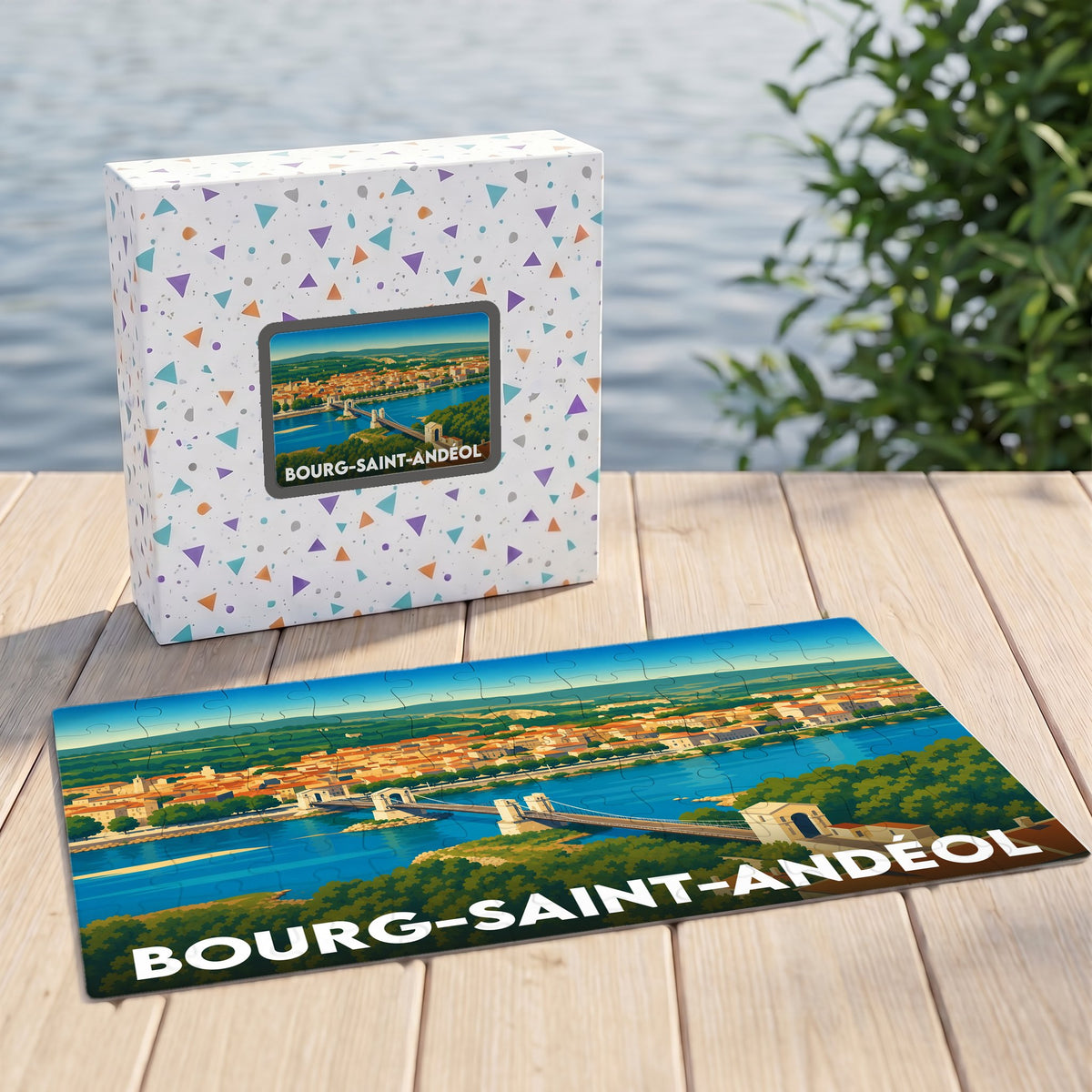 Puzzle souvenir de la ville de Bourg-Saint-Andéol avec une illustration stylisée et colorée.