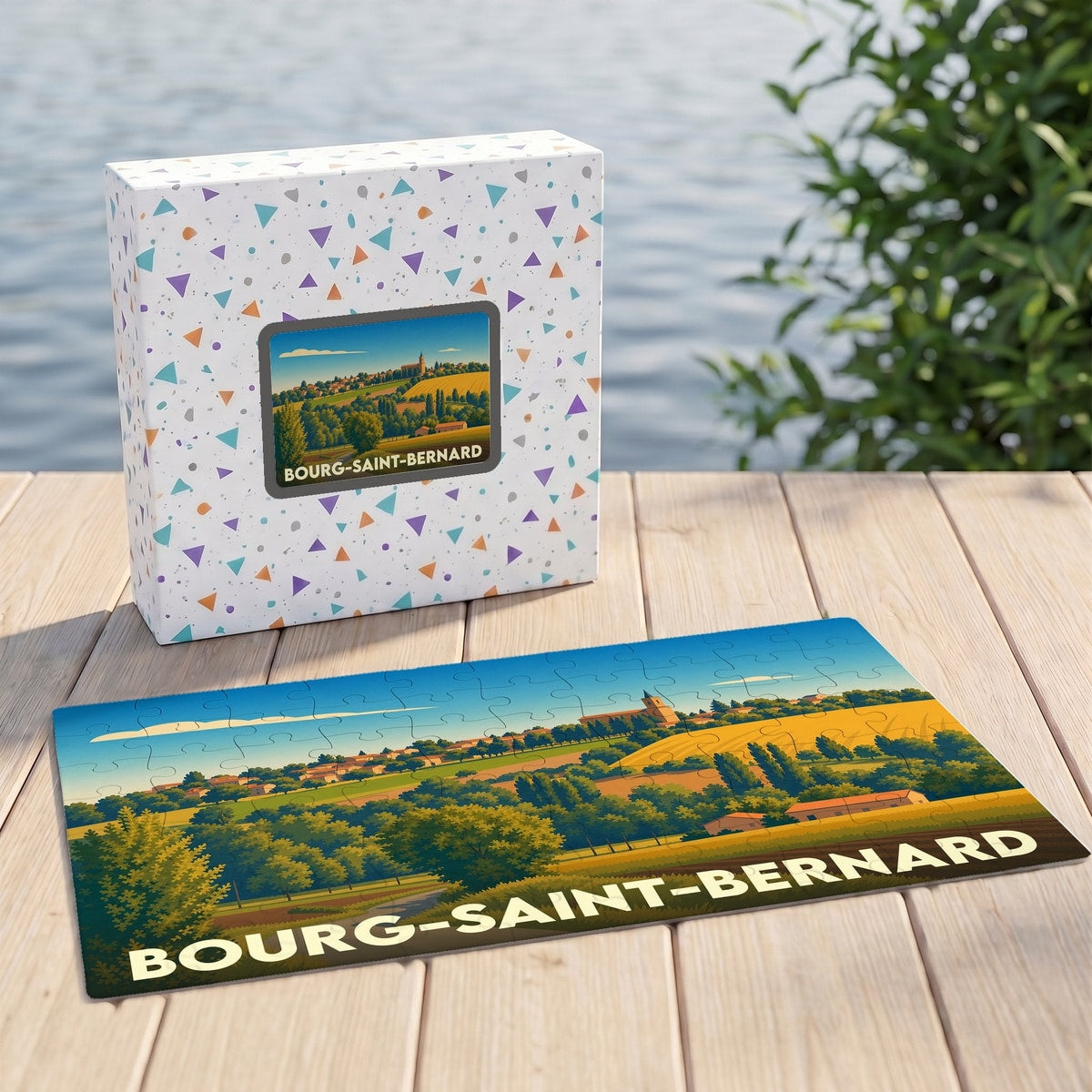 Puzzle souvenir de la ville de Bourg-Saint-Bernard avec une illustration paysagère stylisée.