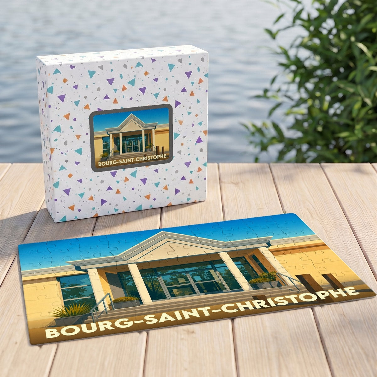Puzzle souvenir de la ville de Bourg-Saint-Christophe avec une illustration stylisée du bâtiment de la mairie.