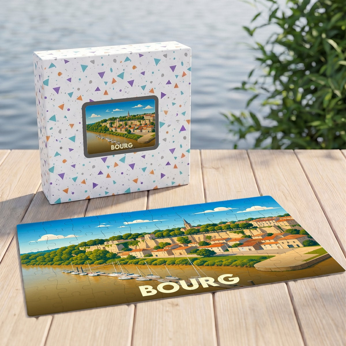 Puzzle souvenir de la ville de Bourg avec une illustration stylisée d'un panorama urbain en bord de rivière.