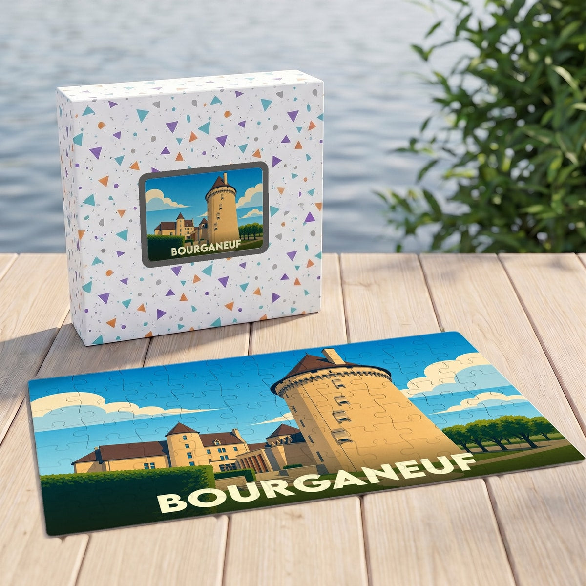 Puzzle souvenir de la ville de Bourganeuf avec une illustration stylisée de son château.