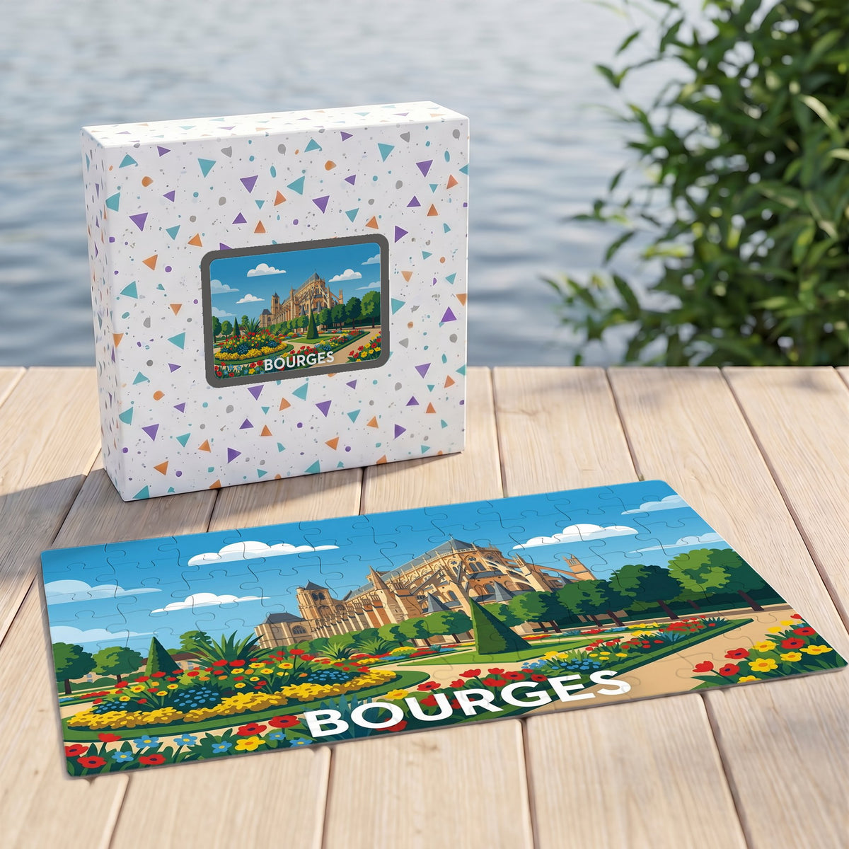 Puzzle souvenir de la ville de Bourges avec une illustration colorée de la cathédrale et de ses jardins.