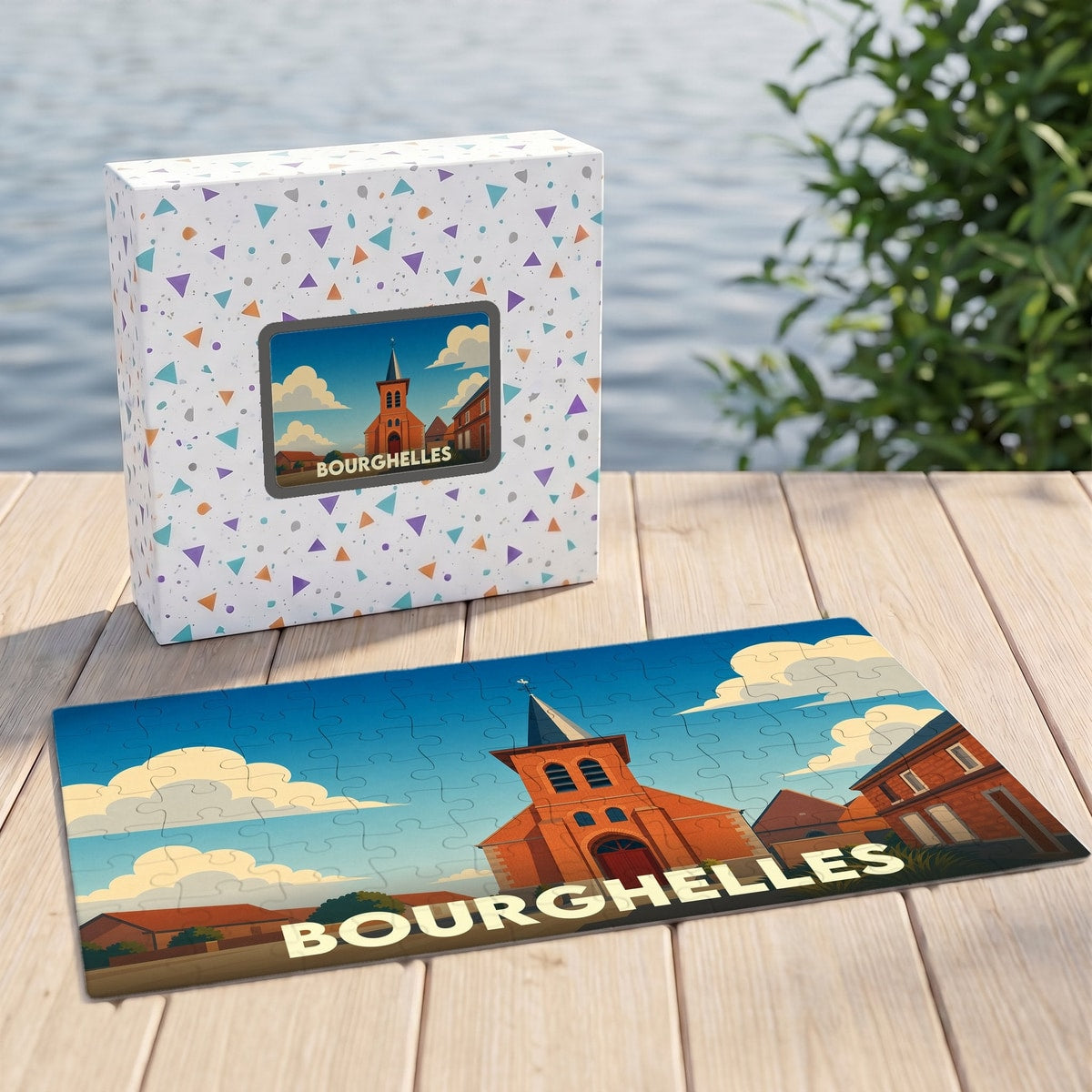Puzzle souvenir de la ville de Bourghelles avec une illustration stylisée d'une église sous un ciel nuageux.