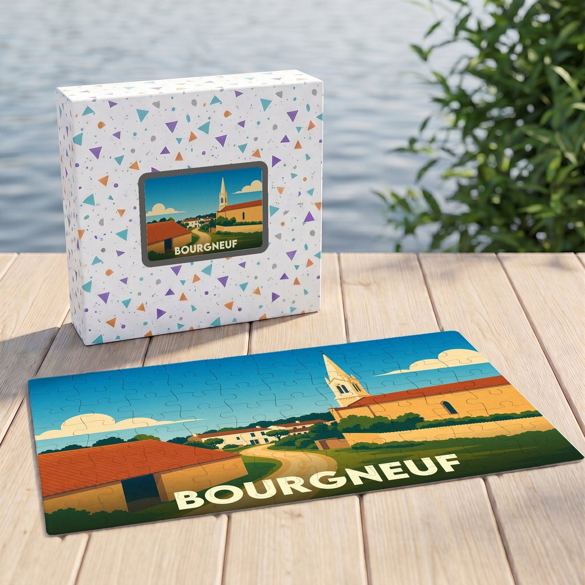 Puzzle souvenir de la ville de Bourgneuf présentant une illustration stylisée et colorée.