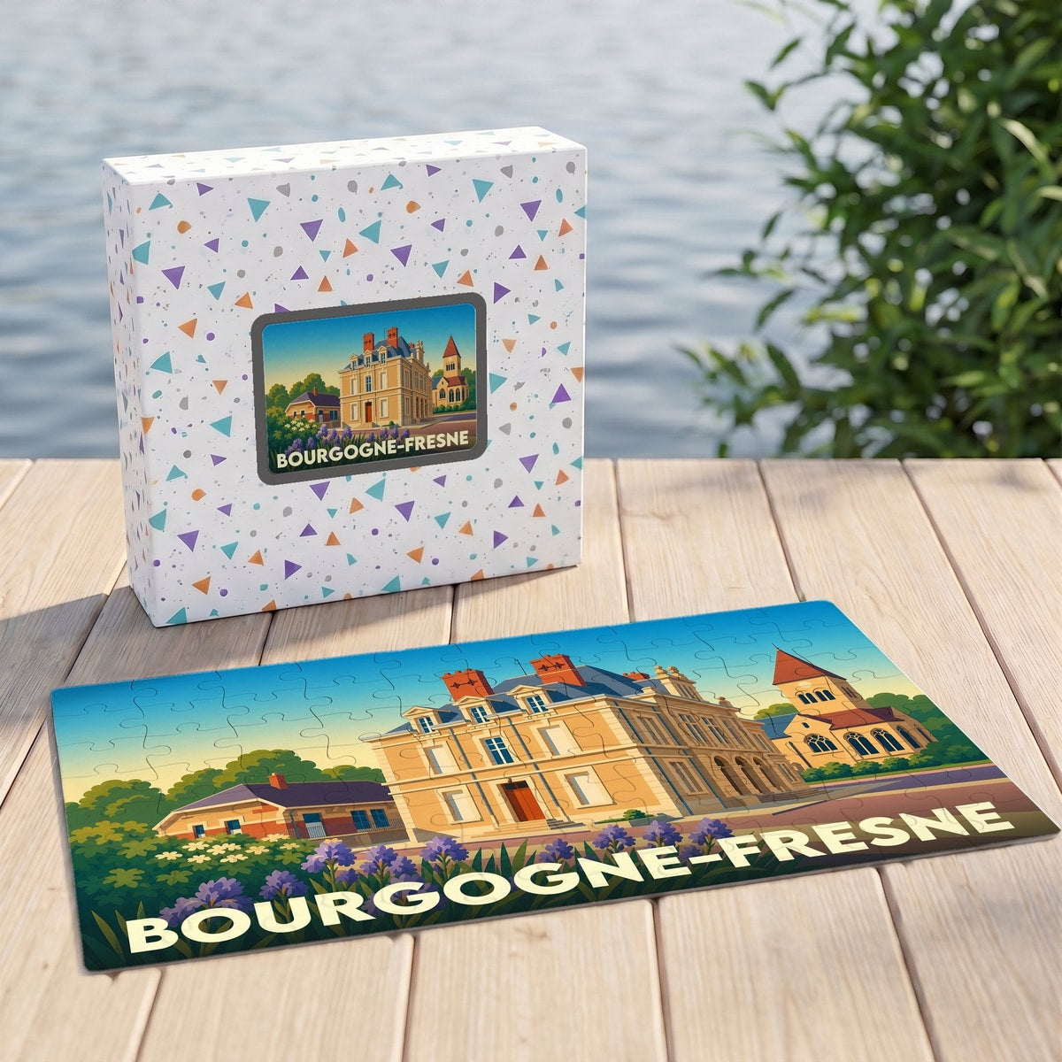 Puzzle souvenir de la ville de Bourgogne-Fresne avec une illustration stylisée d'un château.