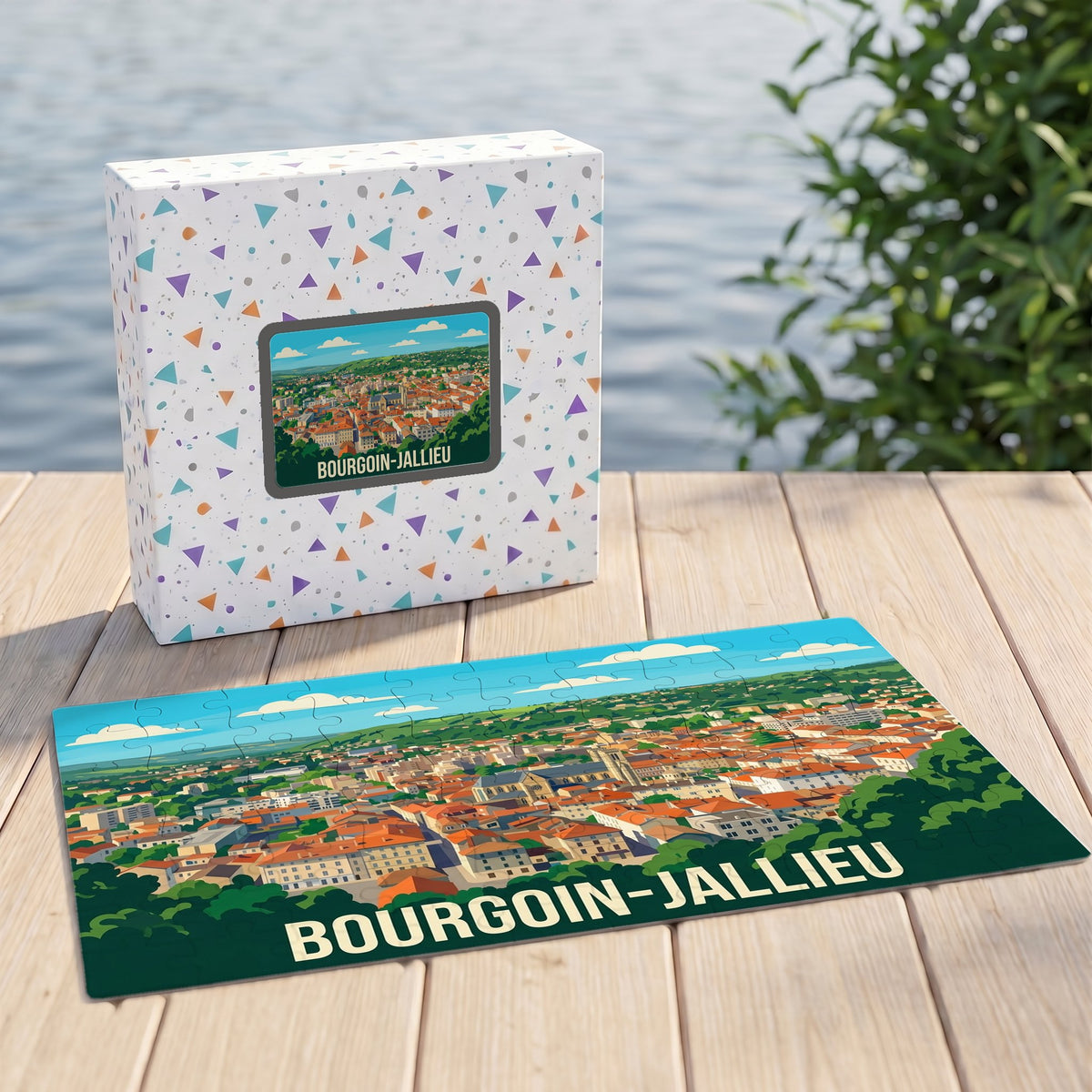 Puzzle souvenir de la ville de Bourgoin-Jallieu avec une illustration stylisée.