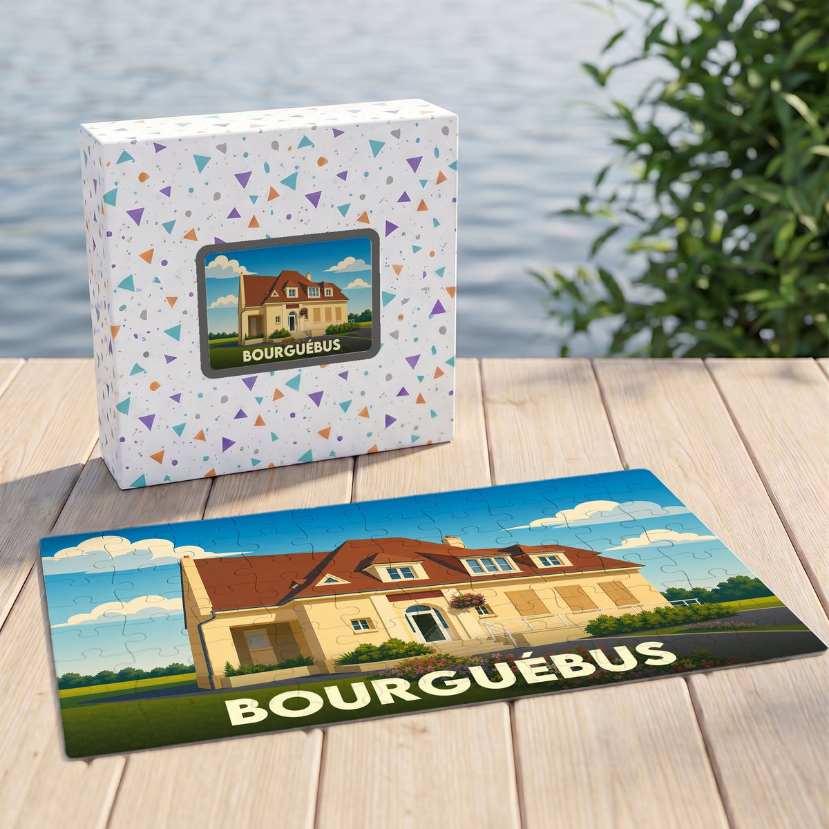 Puzzle souvenir de la ville de Bourguébus illustré d'une maison stylisée.