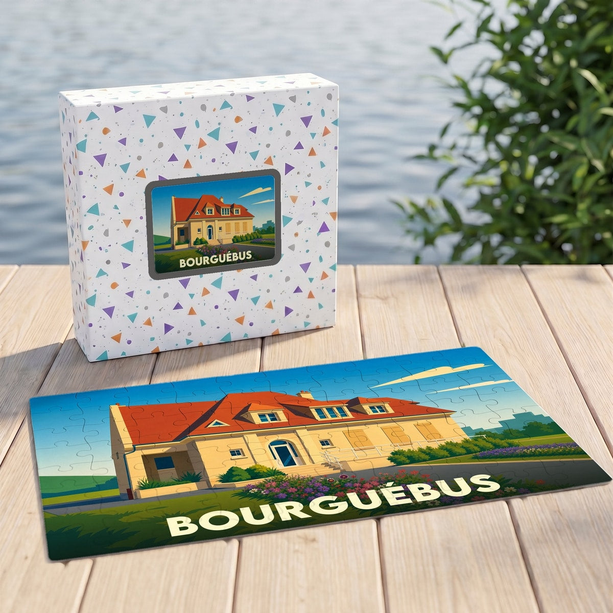 Puzzle souvenir de la ville de Bourguébus avec une illustration stylisée d'une maison régionale.